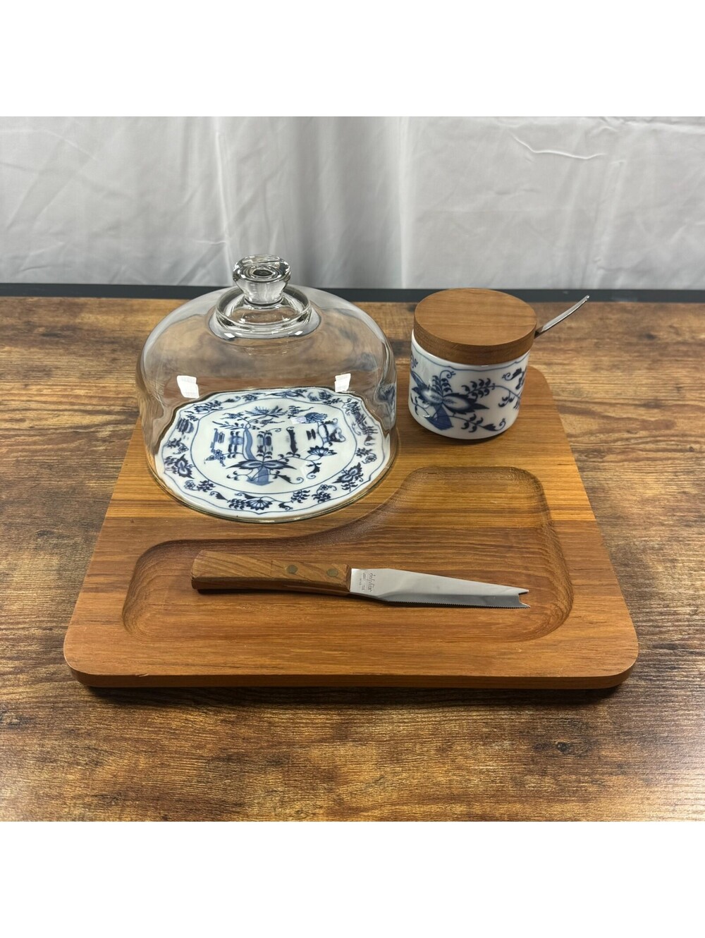 1970s MCM Dolphin Teak Cheese Board Glass Dome Cloche 6 Pc Serving Set